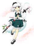  1girl aqua_skirt aqua_vest black_bow black_bowtie bloomers bow bowtie collared_shirt flower full_body konpaku_youmu konpaku_youmu_(ghost) leg_up long_sleeves mary_janes nonamejd official_style petticoat red_eyes sheath shirt shoes short_hair skirt skirt_set socks solo sword touhou wakizashi weapon white_bloomers white_hair white_shirt white_socks zun_(style) 