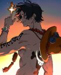  1boy arm_tattoo back_tattoo bad_id bad_twitter_id black_eyes black_hair bracelet commentary fire freckles hat jewelry log_pose looking_at_viewer male_focus necklace one_piece orange_headwear portgas_d._ace profile short_hair smile solo tattoo torso wudus6 