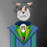 animal_humanoid anthro black_tie_(suit) blue_clothing bow_tie canid canid_humanoid canine canine_humanoid clothing dog_humanoid fur green_clothing grey_body grey_fur humanoid male mammal mammal_humanoid red_eyes solo suit wingedwhite wingedwhite_(wingedwhite) wings