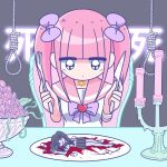  1girl bandaged_arm bandages blood blood_on_plate blunt_bangs bow candle chair closed_mouth death expressionless ezaki_bisuko flower fork hexagram holding holding_fork holding_knife jewelry knife looking_at_another menhera-chan_(ezaki_bisuko) menhera-chan_(ezaki_bisuko)_(character) necklace noose pill pink_hair pink_sailor_collar plate purple_bow sailor_collar self-harm_scar short_twintails sidelocks sitting solo star_of_david text_background twintails utensil 