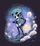  1boy arthropod_boy bug cracked_mask floating fuifui glowing highres holding holding_weapon hollow_eyes hollow_knight jellyfish mask mask_on_head nail_(hollow_knight) no_humans plant quirrel weapon 