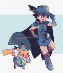  1boy adjusting_clothes adjusting_headwear ash_ketchum belt black_hair blue_background blue_cape blue_dress blue_footwear blue_gloves blue_headwear blue_tunic boots brown_belt brown_eyes brown_footwear brown_pants brown_shirt cape clothed_pokemon crystal diamond_(gemstone) dress elbow_gloves full_body gloves happy hat highres holding holding_staff jester_costume male_focus mgomurainu neck_ruff official_alternate_costume open_mouth pants pikachu pokemon pokemon:_lucario_and_the_mystery_of_mew pokemon_(anime) pokemon_(creature) pokemon_rse_(anime) pom_pom_(clothes) running shirt short_hair simple_background smile staff 