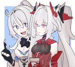  2girls ahoge black_bow black_bowtie black_gloves blue_eyes bodysuit bow bowtie breasts character_request cleavage cross-shaped_pupils crossover cup detached_sleeves disposable_cup dress drinking_straw gloves grey_dress grey_hair hair_between_eyes hair_intakes headgear holding holding_cup honkai_(series) honkai_impact_3rd long_hair luna_(punishing:_gray_raven) multiple_girls n4gi5nagi open_mouth parted_lips partially_fingerless_gloves ponytail punishing:_gray_raven purple_eyes red_sleeves sidelocks symbol-shaped_pupils teeth twintails upper_teeth_only very_long_hair 