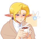 beverage blonde_hair blue_eyes clothing container cup duo ear_piercing ear_ring elf fairy female hair humanoid humanoid_pointy_ears hylian light_body light_skin link male navi nintendo not_furry ocarina_of_time piercing ring_piercing simple_background the_legend_of_zelda tnp wings