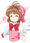  1girl :d ^_^ bow bowtie brown_hair cardcaptor_sakura closed_eyes gloves hair_intakes hat kinomoto_sakura magical_girl nonamejd pink_headwear pink_vest puffy_short_sleeves puffy_sleeves red_bow red_bowtie shirt short_hair short_sleeves sleeve_bow smile solo vest white_bow white_gloves white_shirt white_wings wings 