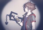  1boy black_jacket black_shirt brown_hair closed_eyes closed_mouth different_shadow drop_shadow from_side gongju_s2 highres jacket keyblade kingdom_hearts kingdom_key shirt solo sora_(kingdom_hearts) spiked_hair spotlight standing upper_body 