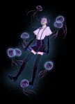  1other absurdres androgynous black_background black_gloves black_hair black_necktie black_shorts black_thighhighs bort elbow_gloves floating floating_clothes full_body gem_uniform_(houseki_no_kuni) gloves highres houseki_no_kuni jellyfish light_particles looking_up necktie oo0mog0oo other_focus parted_lips purple_hair shoes short_hair short_sleeves shorts skort soles solo submerged suspender_shorts suspenders thighhighs very_short_hair 