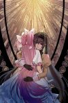  2girls akemi_homura black_hair black_hairband bow closed_mouth dress hair_bow hairband highres hug juliet_sleeves kaname_madoka long_hair long_sleeves looking_at_viewer mahou_shoujo_madoka_magica mahou_shoujo_madoka_magica:_walpurgis_no_kaiten mahou_shoujo_madoka_magica_(anime) mitakihara_school_uniform multiple_girls pink_hair puffy_sleeves school_uniform shirt short_sleeves smile two_side_up ultimate_madoka very_long_hair white_bow white_dress yellow_shirt 