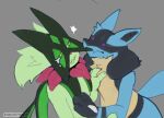 ambiguous_gender anthro biped black_body black_fur blue_body blue_fur duo fur generation_4_pokemon generation_9_pokemon green_body green_eyes green_fur grey_background hi_res lucario meowscarada nintendo pink_body pokemon pokemon_(species) purple_eyes simple_background sincastermon tan_body tan_fur