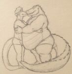 anthro arms_around_partner belly belly_hug big_belly clothing cody_(swatthefox) crocodile crocodilian crocodylid dragon duo embrace eon54 eyes_closed hi_res hug jagged_(eon54) kissing male male/male overweight overweight_anthro overweight_male reptile scales scalie size_difference smaller_male soft_belly standing tail