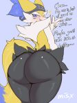 ambiguous_gender anthro beanie big_butt blue_eyes blush braixen butt canid canine clothing curvy_figure dialogue fox fur generation_6_pokemon girly hat headgear headwear hi_res hourglass_figure huge_butt inviting looking_at_viewer male mammal misx nintendo one_eye_closed pokemon pokemon_(species) presenting presenting_hindquarters rear_view simple_background solo tail thick_thighs wide_hips wink