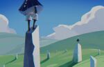  2others black_skin blue_sky chromatic_aberration cloak cloud colored_skin commentary grass highres hill kawatiw multiple_others other_focus shirt shorts sky sky:_children_of_the_light sky_child white_hair white_shirt white_shorts 