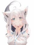 1girl absurdres animal_ear_fluff animal_ears aqua_eyes aqua_neckerchief blush closed_mouth detached_sleeves fox_ears fox_girl fox_tail hands_on_own_cheeks hands_on_own_face highres hololive hood hood_down hyde_(tabakko) long_hair looking_at_viewer low_ponytail neckerchief shirakami_fubuki shirakami_fubuki_(1st_costume) shirt simple_background smile solo strapless strapless_shirt tail upper_body virtual_youtuber white_background white_hair white_hood white_shirt wide_sleeves 
