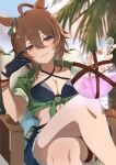  1girl agnes_tachyon_(lunatic_lab)_(umamusume) agnes_tachyon_(umamusume) ahoge animal_ears belt bikini black_bikini black_gloves blush breasts brown_hair cleavage collarbone commentary_request cowboy_shot criss-cross_halter cropped_torso crossed_legs dated ear_ornament flask gloves green_jacket grin hair_between_eyes hair_bun halterneck highres holding holding_flask horse_ears horse_girl jacket looking_at_viewer navel official_alternate_costume official_alternate_hairstyle red_eyes round-bottom_flask short_hair short_sleeves signature simple_background single_glove small-wso6-bell small_breasts smile solo sparkle swimsuit tied_jacket umamusume upper_body white_background 