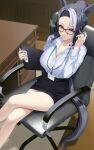  1girl alternate_costume animal_ears bespectacled black_hair breasts chair cleavage commentary_request crossed_legs desk feet_out_of_frame glasses hair_between_eyes hair_bun highres horse_ears horse_girl horse_tail indoors lanyard large_breasts long_sleeves matuda_(matudayazo) mejiro_ramonu_(umamusume) multicolored_hair office office_chair office_lady on_chair pencil_skirt purple_eyes red-framed_eyewear shirt sitting skirt solo streaked_hair swivel_chair tail umamusume white_hair white_shirt 