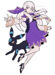  1girl alternate_color artist_name black_footwear do_m_kaeru dress fire_emblem fire_emblem:_three_houses hair_tie high_heels long_hair looking_at_viewer lysithea_von_ordelia pokemon pokemon_(creature) purple_dress shiny_pokemon umbreon white_background white_hair 