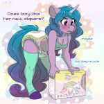 abstract_background anthro anthrofied big_tail blue_hair blush bodily_fluids camisole clean_diaper clothing conflicted dialogue diaper diaper_bag diaper_package disappointed equid equine female flat_chested fluffy fluffy_tail furgonomics hair hasbro hi_res horn horse infantilism izzy_moonbow_(mlp) leaning legwear long_hair looking_offscreen mammal mlp_g5 my_little_pony offscreen_character pattern_diaper pony purple_eyes question sad solo standing stargal_galexi tail tears text thigh_highs toeless_legwear topwear touching_diaper tykables tykables_unicorns unicorn