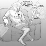 anthro canid canine canis card clothed clothing crossed_legs death_(puss_in_boots) domestic_cat dreamworks duo english_text eyes_closed felid feline felis fluffy furniture grin hi_res hoodie humor inside interspecies male male/male mammal puss_in_boots_(character) puss_in_boots_(dreamworks) sitting size_difference smile sofa tabby_cat text thinking tongue tongue_out topwear w20p01 wolf