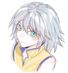  1boy absurdres blue_eyes blush closed_mouth from_above from_side gongju_s2 grey_hair highres kingdom_hearts portrait riku_(kingdom_hearts) shirt short_hair simple_background sleeveless solo white_background yellow_shirt 