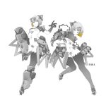  2girls armor arrow_(symbol) blonde_hair body_markings breasts closed_mouth colored_inner_hair crossed_bangs cyborg expressionless eyes_visible_through_hair full_body groin hand_up headgear highres knee_up liren44 looking_at_another looking_at_viewer mechanical_arms mechanical_legs metal monochrome multicolored_hair multiple_girls navel original outstretched_arm science_fiction short_hair shoulder_armor sideways_glance simple_background small_breasts spot_color stomach underboob 