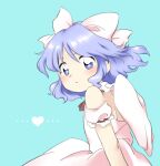  1girl :| blue_eyes blue_hair bow closed_mouth dress flat_chest hair_bow heart light_blue_background light_blue_hair mai_(touhou) mini_wings neck_ribbon nonamejd official_style puffy_short_sleeves puffy_sleeves red_ribbon ribbon short_hair short_sleeves solo touhou touhou_(pc-98) white_bow white_dress white_wings wings zun_(style) 