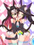  2girls animal_ears argyle argyle_background ass ass_cutout ball_and_chain_(weapon) black_hair black_headwear black_shirt black_shorts black_sleeves blue_hair blush breast_press cat_ears cat_girl cat_tail closed_mouth clothing_cutout collar commentary cougar_(cougar1404) detached_collar detached_sleeves ears_through_headwear fang from_behind frown green_eyes grey_headwear hat headgear levilina_(cougar1404) long_hair looking_at_viewer looking_back medium_hair multicolored_hair multiple_girls no_pants open_mouth original panties pink_hair rubirina_(cougar1404) shirt short_shorts shorts siblings sisters skin_fang smile standing strapless strapless_shirt sword symmetrical_docking symmetrical_hand_pose tail thighhighs twins two-tone_hair underwear weapon white_collar white_panties white_thighhighs witch_hat 