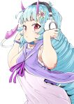  1girl ahoge animal_ear_fluff animal_ears blue_hair blue_wristband blunt_bangs bracelet delmin_(show_by_rock!!) dragon_horns dragon_tail dress drill_hair flower hair_flower hair_ornament headphones holding holding_headphones horns jewelry light_blue_hair light_blush long_hair looking_at_viewer parted_lips pink_horns purple_dress purple_horns purple_sailor_collar red_eyes sailor_collar sailor_dress show_by_rock!! simple_background sleeveless sleeveless_dress solo standing tail tottotonero twin_drills very_long_hair white_background white_headphones 