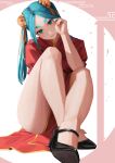 1girl absurdres alternate_costume aqua_hair black_footwear bun_cover china_dress chinese_clothes closed_mouth dress green_eyes highres knees_up looking_at_viewer monogatari_(series) nemo_ringo on_ground ononoki_yotsugi pelvic_curtain red_dress sitting solo thick_eyebrows twintails 