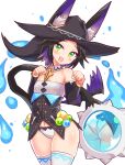  1girl animal_ears ass ball_and_chain_(weapon) black_hair black_headwear black_shirt black_sleeves blue_hair cat_ears cat_girl cat_tail commentary cougar_(cougar1404) cowboy_shot detached_sleeves ears_through_headwear green_eyes hat head_tilt levilina_(cougar1404) looking_at_viewer multicolored_hair navel no_pants open_mouth original panties paw_pose reflection shirt simple_background sleeveless sleeveless_shirt solo standing tail thighhighs two-tone_hair underwear white_background white_panties white_thighhighs witch_hat 