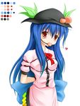  arms_behind_back bdsm blue_hair blush bondage bound bound_wrists breast_bondage color_guide food fruit gag gagged hat hinanawi_tenshi long_hair maullarmaullar peach ribbon simple_background solo touhou 