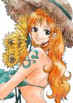  1girl arm_tattoo back bikini bikini_top_only commentary_request dated flower grey_background hanakotoba28 hat highres long_hair looking_at_viewer nami_(one_piece) one_piece orange_hair profile sidelocks simple_background smile solo sunflower swimsuit tattoo upper_body white_background 