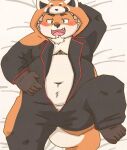 2024 anthro belly blush canid canine clothing fox iyo_(tamacolle) kemono kotadash lying male mammal moobs navel onesie overweight overweight_male solo tamacolle