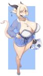 absurd_res anthro big_breasts blonde_hair blue_eyes bottomwear breasts cervina7_(artist) cleavage clothed clothing dragon female hair hand_fan hi_res horn huge_breasts scales scalie simple_background solo tan_body tan_scales thick_thighs