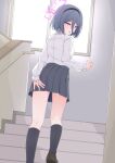  &lt;key&gt;_(blue_archive) 1girl absurdres black_footwear black_hair black_socks blue_archive blush halo highres indoors kneepits long_sleeves mizusaki_(kn27) open_mouth pink_halo red_eyes shirt shoes short_hair socks solo stairs white_shirt 