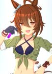  1girl 2-butani absurdres agnes_tachyon_(lunatic_lab)_(umamusume) agnes_tachyon_(umamusume) ahoge animal_ears belt bikini black_bikini black_gloves blush breasts brown_hair cleavage collarbone commentary_request criss-cross_halter cropped_torso dated ear_ornament flask gloves green_jacket grin hair_between_eyes hair_bun halterneck highres horse_ears horse_girl jacket looking_at_viewer navel official_alternate_costume official_alternate_hairstyle red_eyes round-bottom_flask short_hair short_sleeves signature simple_background single_glove small_breasts smile solo sparkle swimsuit tied_jacket umamusume upper_body white_background 