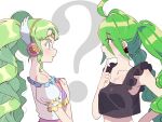  2girls ? ahoge bare_shoulders black_shirt breasts colored_eyelashes cropped_shirt crossover drill_hair earrings eye_contact falulu falulu_(awakened) finger_to_own_chin forehead_jewel from_side green_eyes green_hair grey_eyes hair_between_eyes hand_up headphones highres idol_clothes jewelry long_hair looking_at_another medium_breasts multiple_girls otogami_mimin parted_bangs parted_lips pppppp pretty_series pripara profile shirt simple_background tsujii_ruki twin_drills upper_body very_long_hair white_background wing_hair_ornament 