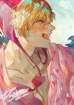  1boy absurdres bishounen blonde_hair blush coat coat_on_shoulders daikon_illustrations donquixote_rocinante hat heart heart_print highres hood male_focus one_piece open_mouth pink_shirt red_hood shirt smile solo 