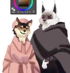 anthro art_program_in_frame big_bad_wolf_(shrek) brown_body brown_eyes brown_fur canid canine canis clothing death_(puss_in_boots) dreamworks duo facial_markings fur gown hat head_markings headgear headwear low_res male mammal markings mask_(marking) nightgown poncho puss_in_boots_(dreamworks) red_eyes sanppa_popo simple_background smile standing white_background white_body white_fur wolf