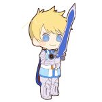  1boy armor blonde_hair blue_eyes blue_trim cape closed_mouth commentary flynn_scifo full_body gauntlets greaves holding holding_sword holding_weapon male_focus red_cape short_hair simple_background smile solo sugara_10 sword symbol-only_commentary tales_of_(series) tales_of_vesperia weapon white_background 