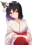  1girl absurdres alternate_costume black_hair breasts hakama headgear highres japanese_clothes kadomatsu kagami_mochi kantai_collection large_breasts miko momimaki red_eyes red_hakama ribbon-trimmed_sleeves ribbon_trim short_hair simple_background solo white_background wide_sleeves yamashiro_(kancolle) 