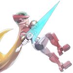  1girl aile_(mega_man_zx) armor black_bodysuit blonde_hair bodysuit byte_(grunty-hag1) cropped_jacket energy_sword forehead_jewel helm helmet holding holding_sword holding_weapon jacket long_hair mega_man_(series) mega_man_zx red_footwear red_headwear red_jacket solo sword weapon 