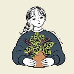  1girl bad_source braid closed_mouth cropped_torso flat_color flower_pot grey_sweater highres holding holding_flower_pot long_hair long_sleeves looking_at_viewer muchi_(muchiiiko) original partially_colored plant potted_plant side_braid signature simple_background solo sweater upper_body 