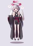  1girl 1other ? absurdres bandaged_leg bandaged_wrist bandages bare_shoulders bell blue_archive blush clothing_cutout detached_sleeves flat_chest full_body grey_background grey_hair grey_sleeves halo highres jingle_bell long_hair mogurii obi okobo open_mouth pointy_ears red_eyes red_halo sandals sash shuro_(blue_archive) simple_background spoken_question_mark 