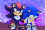  2boys artist_name black_fur blue_fur commentary depressed english_commentary english_text frown furry furry_male gloves hand_on_another&#039;s_shoulder hedgehog_tail i_think_we&#039;re_gonna_have_to_kill_this_guy_steven_(meme) male_focus meme multiple_boys pink_eyes setispaghetti shadow_the_hedgehog simple_background sonic_prime sonic_the_hedgehog teeth upper_teeth_only white_gloves 