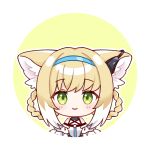  1girl animal_ear_fluff animal_ears arknights bare_shoulders blonde_hair blue_hairband blush braid braided_hair_rings closed_mouth commentary earpiece fox_ears fox_girl green_eyes hair_rings hairband infection_monitor_(arknights) lalihop looking_at_viewer outline portrait short_hair smile solo straight-on suzuran_(arknights) twin_braids white_outline yellow_background 