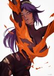  1girl :o bleach blush bodystocking breasts covered_abs covered_collarbone covered_navel dark-skinned_female dark_skin highres large_breasts long_hair looking_at_viewer nextoad one_eye_closed open_mouth orange_shirt parted_bangs ponytail purple_hair shihouin_yoruichi shirt signature solo sweatdrop teeth thigh_gap toned torn_bodystocking torn_clothes torn_shirt turtleneck upper_teeth_only white_background yellow_eyes 