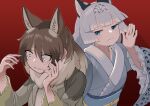  2girls absurdres animal_ear_fluff animal_ears black_hair blue_eyes blunt_bangs brown_hair commentary_request constricted_pupils extra_ears fingernails frilled_sleeves frills fur_collar furrowed_brow grey_hair hair_between_eyes hand_on_own_cheek hand_on_own_face hands_up highres hokkaido_wolf_(kemono_friends) jacket japanese_clothes kemono_friends kimono light_smile long_hair long_sleeves looking_at_another multicolored_hair multiple_girls nervous_sweating parsley_(simonov1941) parted_lips snow_leopard_(kemono_friends) sweat upper_body wide_sleeves wolf_ears 