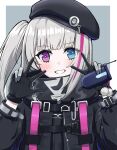  1girl beret black_gloves black_headwear black_jacket blue_eyes blush cellphone flip_phone girls&#039;_frontline gloves grey_hair hat heterochromia holding holding_phone jacket kawara_pigeon long_hair mdr_(girls&#039;_frontline) multicolored_hair phone pink_eyes pink_hair side_ponytail smile solo streaked_hair tactical_clothes teeth 