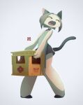 animal_humanoid bottle bottomwear box clothed clothing container felid felid_humanoid feline female fu_go_fu_go hi_res holding_object humanoid looking_back mammal mammal_humanoid open_mouth simple_background skirt solo solo_focus standing text