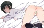  1girl anus ass black_hair blush breasts em_(totsuzen_no_hakike) grey_panties kino_(kino_no_tabi) kino_no_tabi looking_at_viewer open_mouth panties panty_pull purple_eyes pussy shirt short_hair small_breasts solo top-down_bottom-up underwear white_shirt 